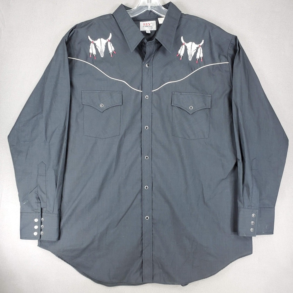 Ely Diamond Western Shirt Sz XXL Black Bull Skull Pearl Snap Embroidery Long Slv